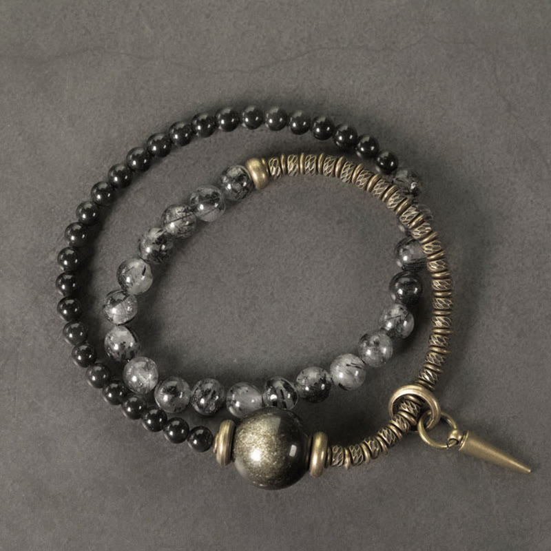 Nimara Ritual Gold Sheen Obsidian Black Rutilated Quartz Copper Brass Double Wrap Protection Bracelet