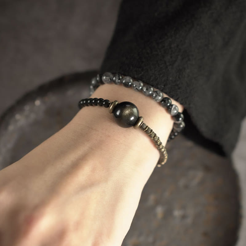 Nimara Ritual Gold Sheen Obsidian Black Rutilated Quartz Copper Brass Double Wrap Protection Bracelet