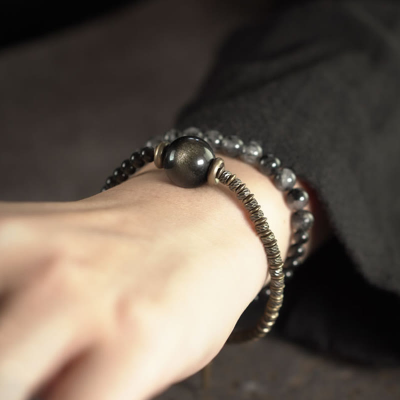 Nimara Ritual Gold Sheen Obsidian Black Rutilated Quartz Copper Brass Double Wrap Protection Bracelet