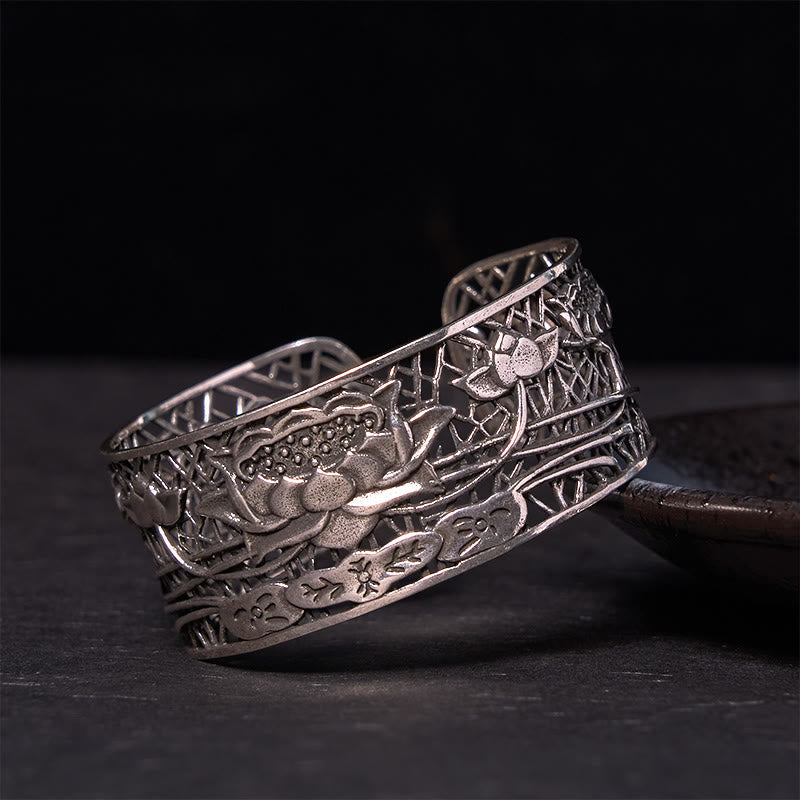 Nimara Ritual Hollow Lotus Silver Plated Copper Healing Enlightenment Bracelet Bangle