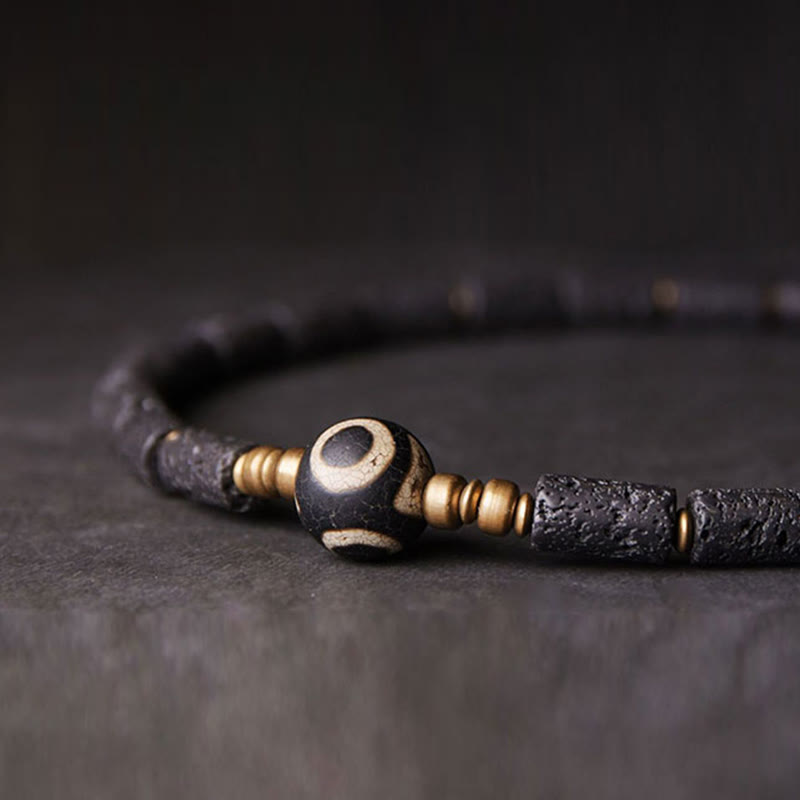 Nimara Ritual Vintage Lava Rock Three-eyed Dzi Bead Copper Brass Multi-turn Wrap Calm Bracelet