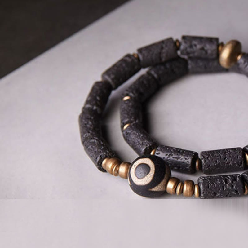 Nimara Ritual Vintage Lava Rock Three-eyed Dzi Bead Copper Brass Multi-turn Wrap Calm Bracelet