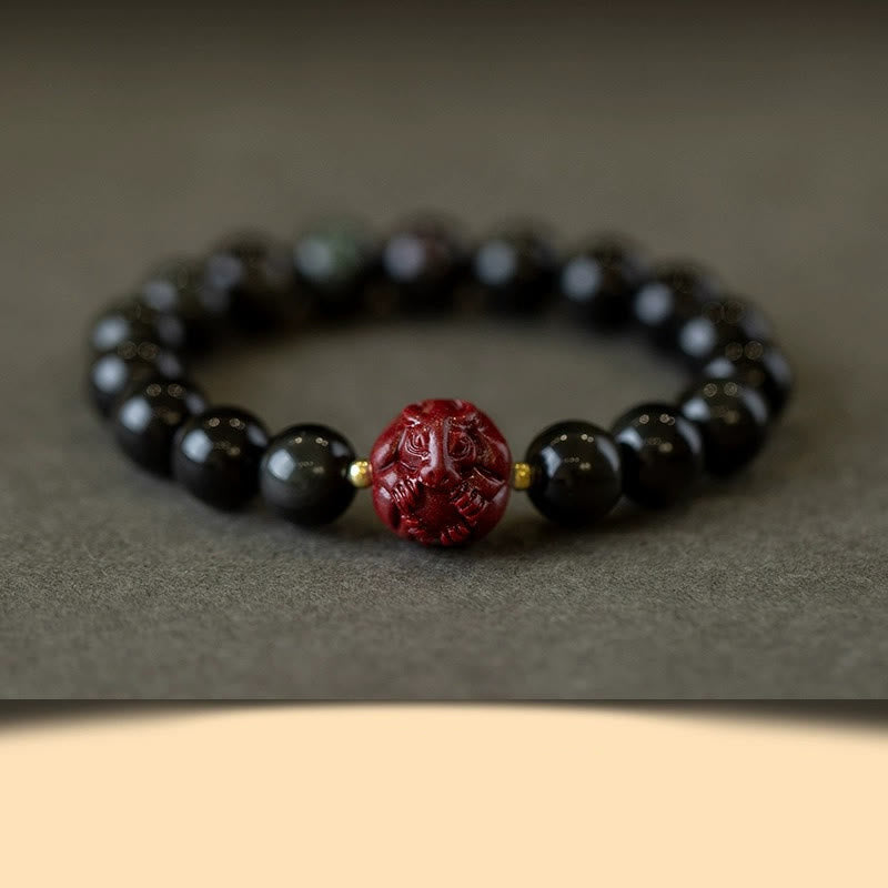 Nimara Ritual Chinese Zodiac Natural Black Obsidian Cinnabar Purification Bracelet