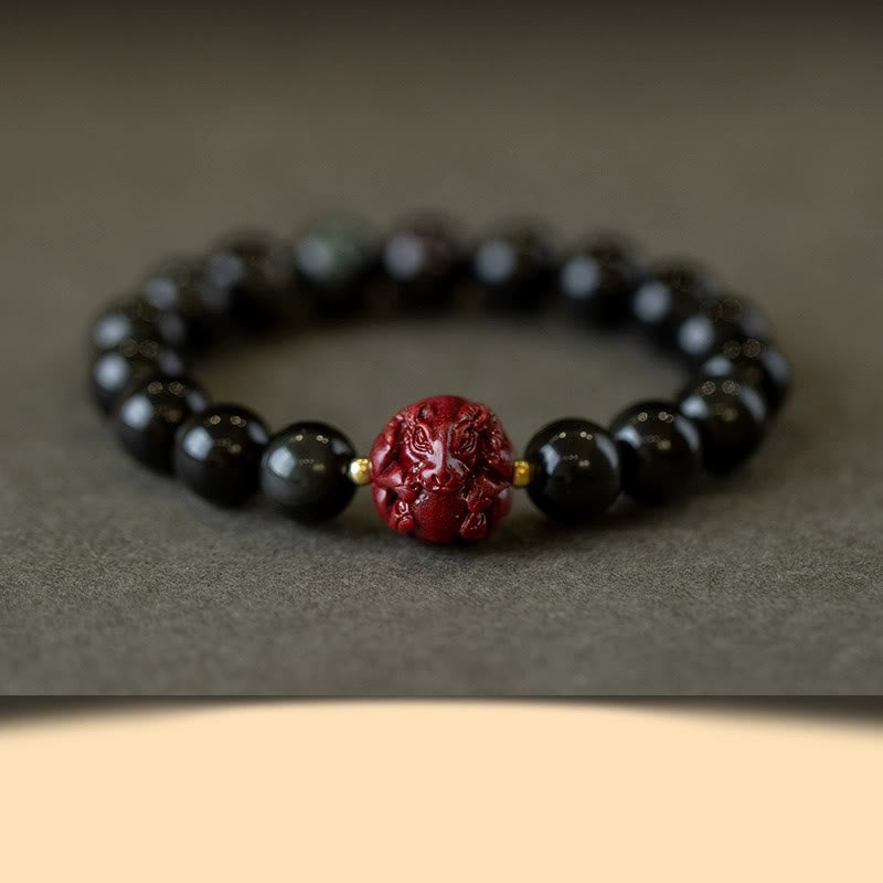 Nimara Ritual Chinese Zodiac Natural Black Obsidian Cinnabar Purification Bracelet