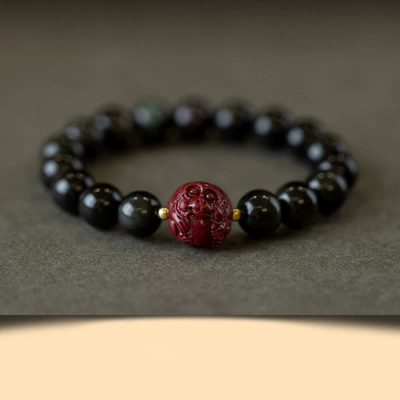 Nimara Ritual Chinese Zodiac Natural Black Obsidian Cinnabar Purification Bracelet