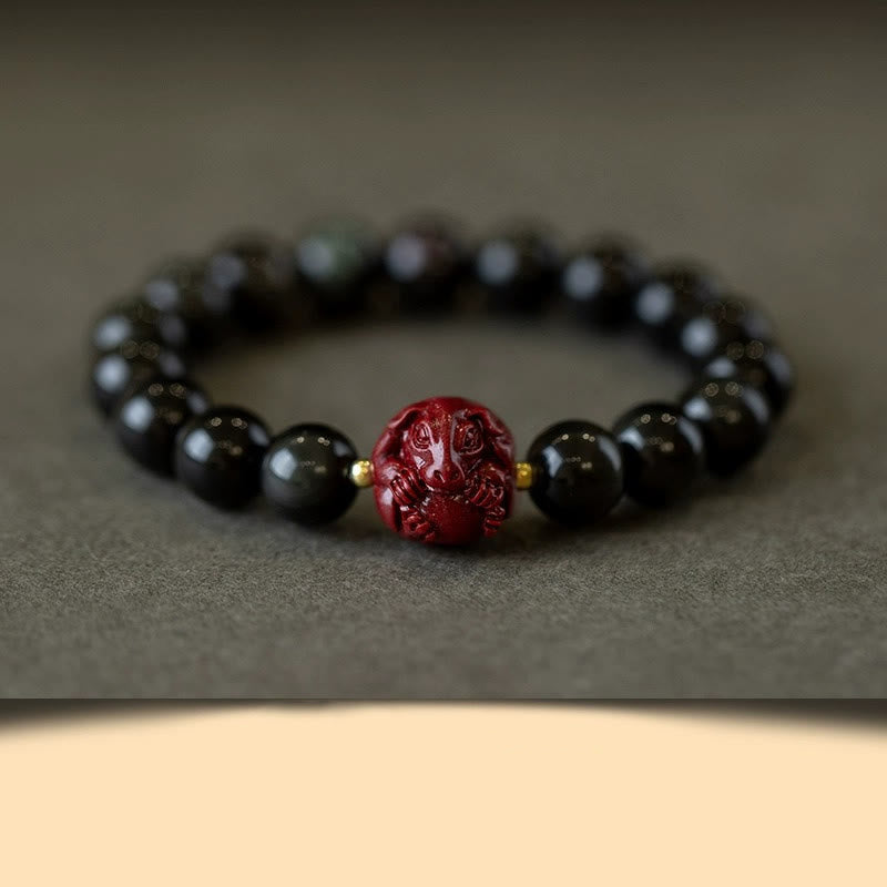 Nimara Ritual Chinese Zodiac Natural Black Obsidian Cinnabar Purification Bracelet