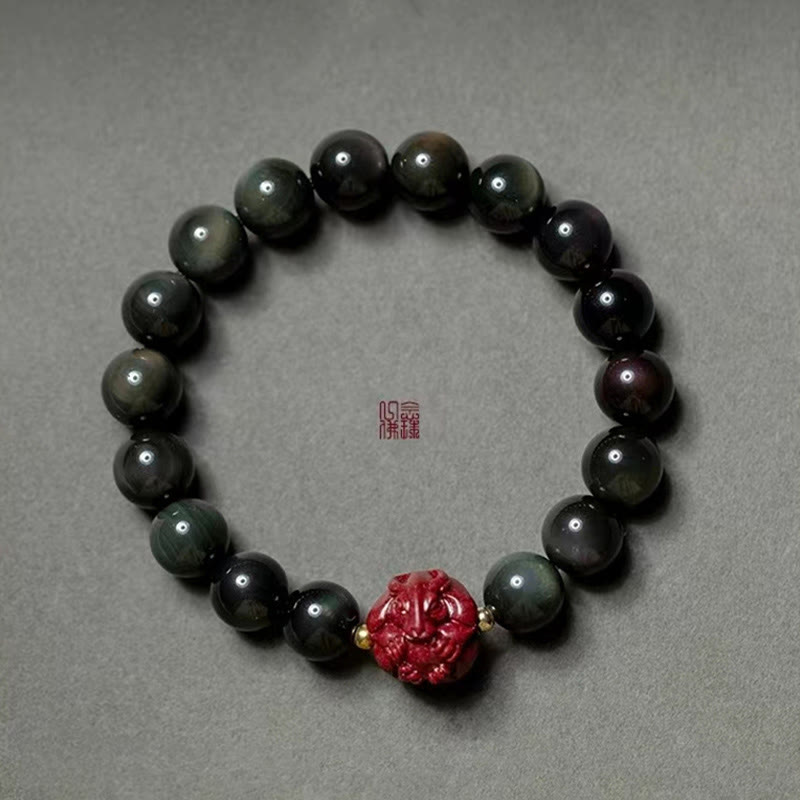 Nimara Ritual Chinese Zodiac Natural Black Obsidian Cinnabar Purification Bracelet