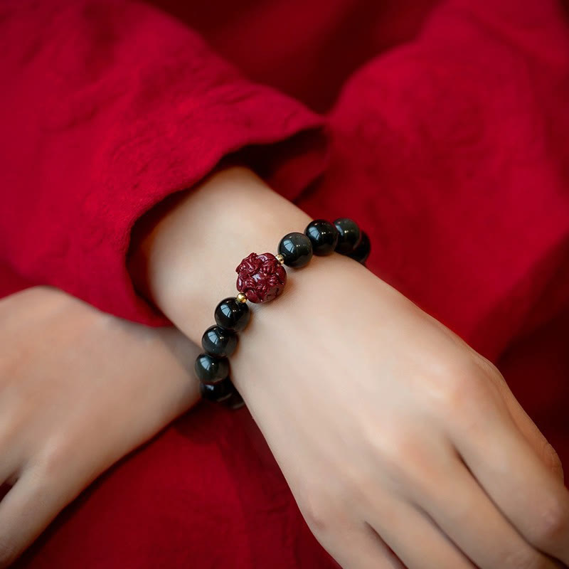 Nimara Ritual Chinese Zodiac Natural Black Obsidian Cinnabar Purification Bracelet