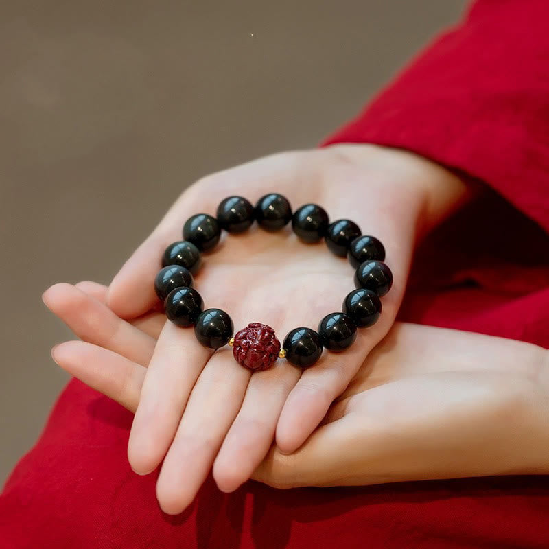 Nimara Ritual Chinese Zodiac Natural Black Obsidian Cinnabar Purification Bracelet