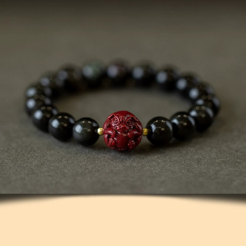 Nimara Ritual Chinese Zodiac Natural Black Obsidian Cinnabar Purification Bracelet