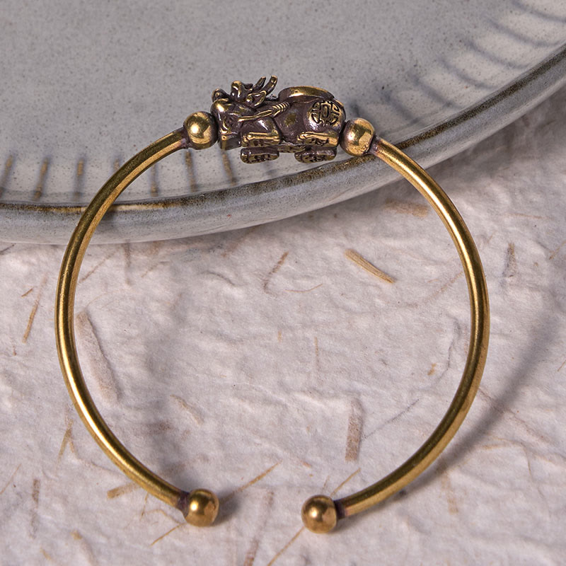 Nimara Ritual Pi Xiu Carrying Compass Fu Character Copper Brass Luck Wealth Bracelet Bangle