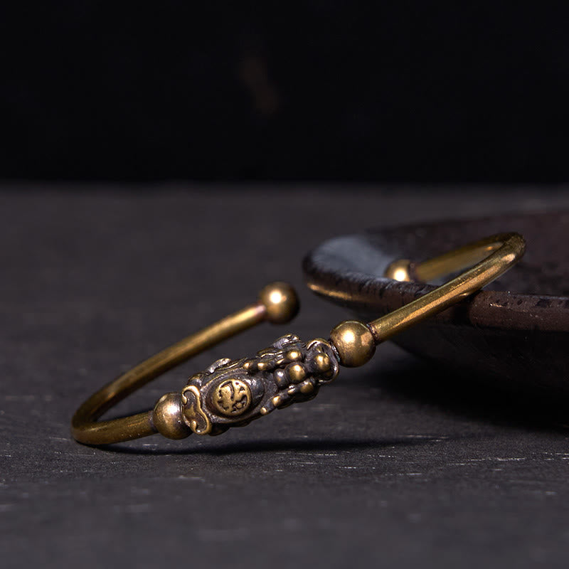 Nimara Ritual Pi Xiu Carrying Compass Fu Character Copper Brass Luck Wealth Bracelet Bangle