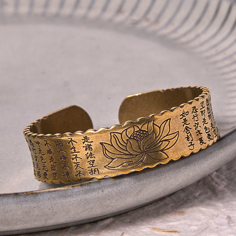 Nimara Ritual Heart Sutra Lotus Flower Copper Brass Peace Enlightenment Cuff Bracelet Bangle
