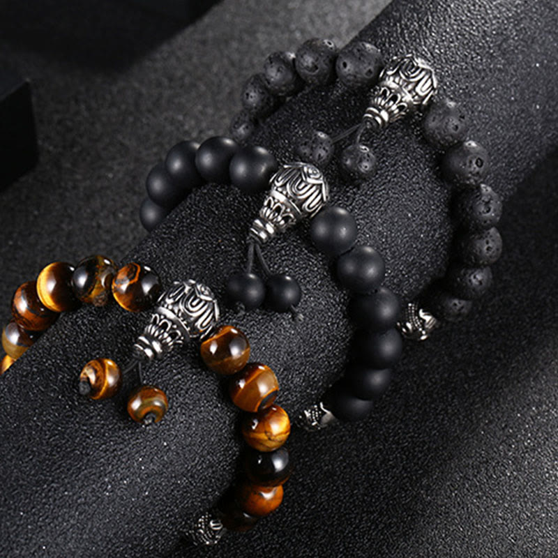 Nimara Ritual Natural Tiger Eye Lava Rock Black Obsidian Titanium Steel Six-True-Words Om Mani Padme Hum Protection Bracelet
