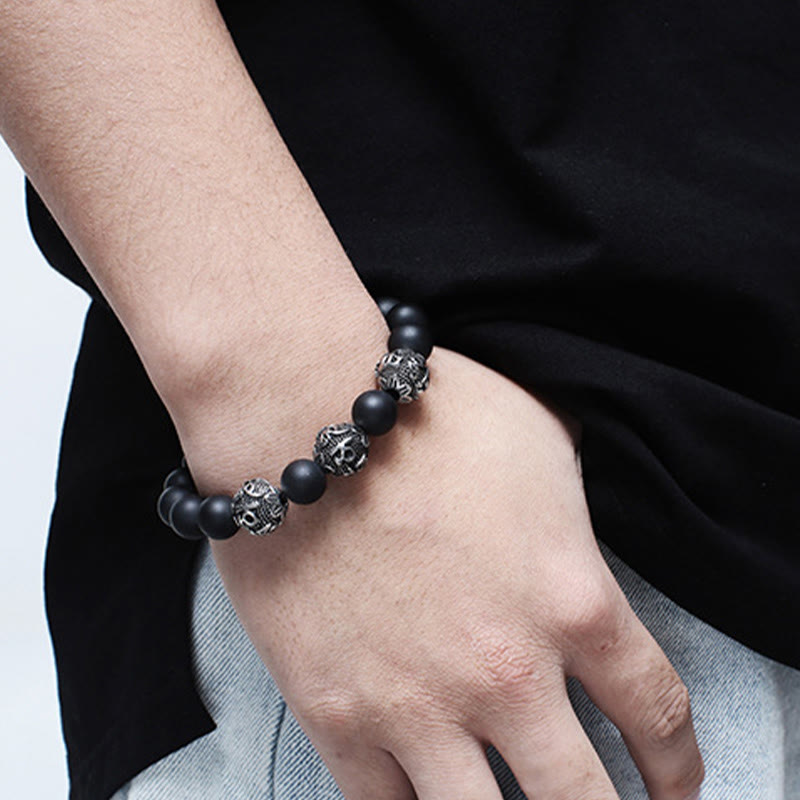 Nimara Ritual Natural Tiger Eye Lava Rock Black Obsidian Titanium Steel Six-True-Words Om Mani Padme Hum Protection Bracelet