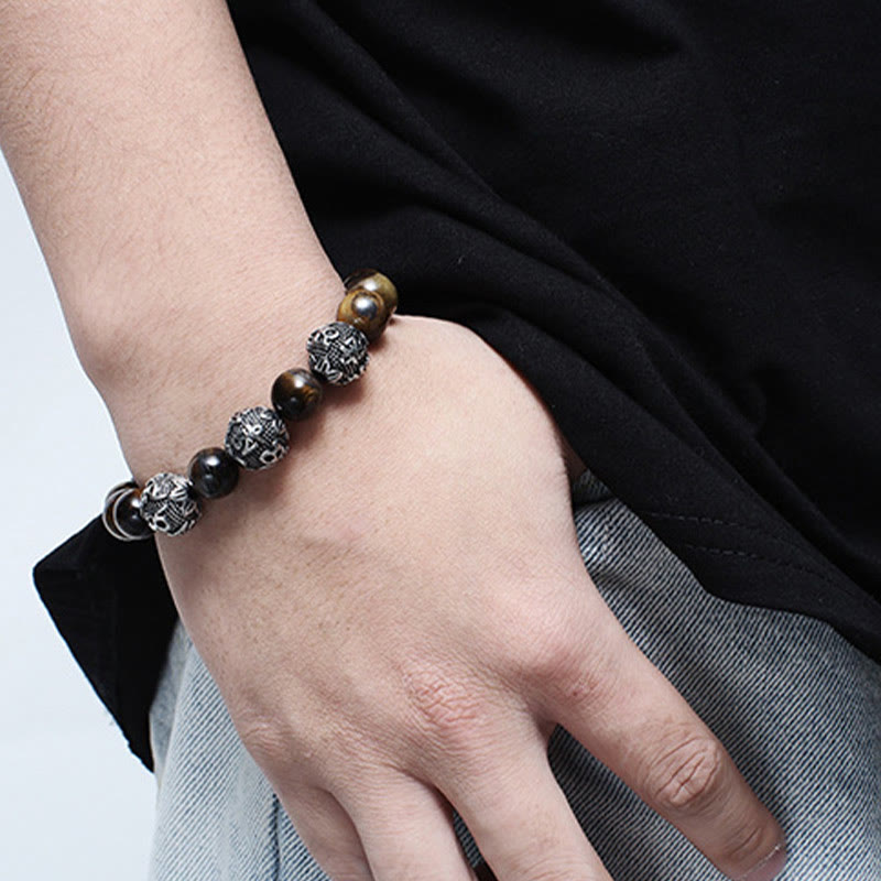 Nimara Ritual Natural Tiger Eye Lava Rock Black Obsidian Titanium Steel Six-True-Words Om Mani Padme Hum Protection Bracelet