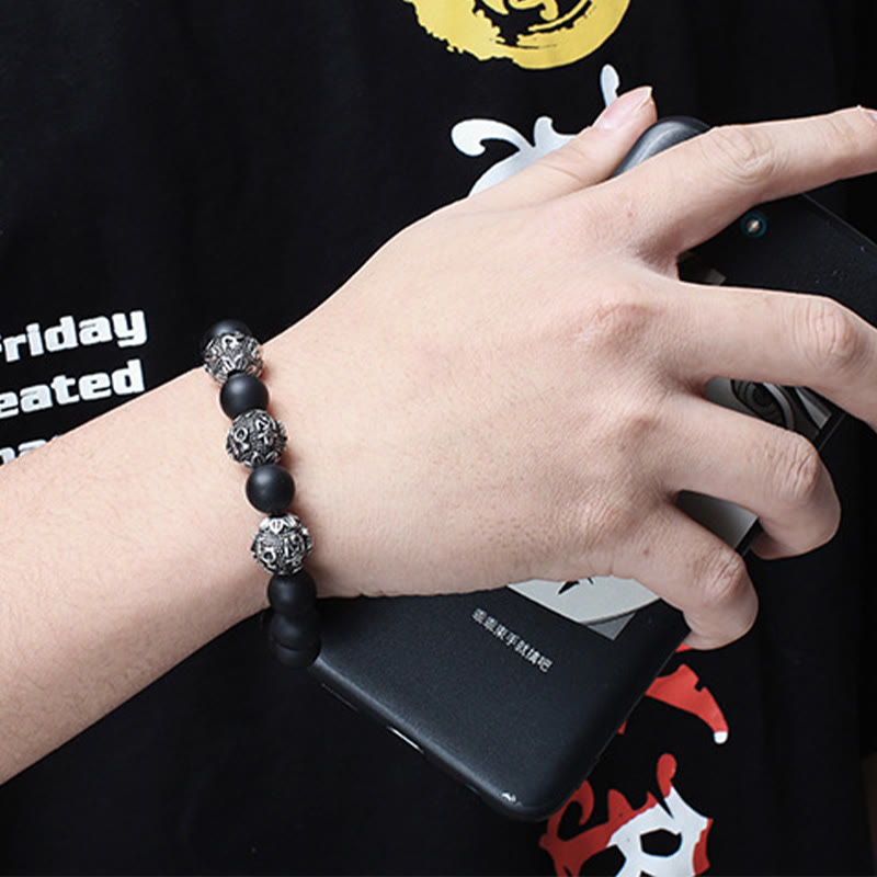 Nimara Ritual Natural Tiger Eye Lava Rock Black Obsidian Titanium Steel Six-True-Words Om Mani Padme Hum Protection Bracelet
