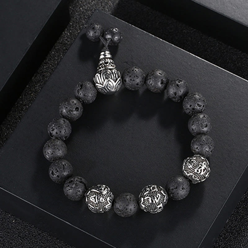 Nimara Ritual Natural Tiger Eye Lava Rock Black Obsidian Titanium Steel Six-True-Words Om Mani Padme Hum Protection Bracelet