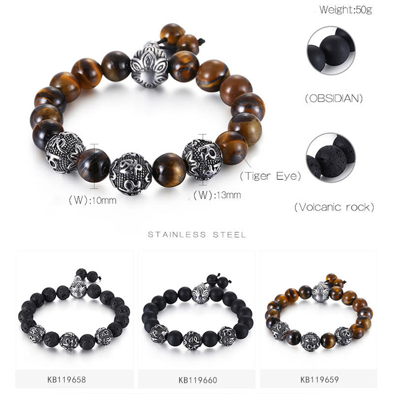 Nimara Ritual Natural Tiger Eye Lava Rock Black Obsidian Titanium Steel Six-True-Words Om Mani Padme Hum Protection Bracelet