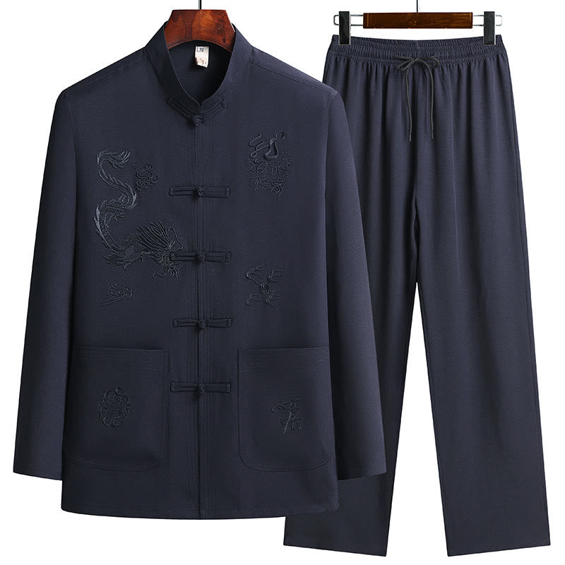 Nimara Ritual Chinese New Year Embroidered Dragon Frog-button Tang Suit Hanfu Long Sleeve Top Pants Clothing Men's Set