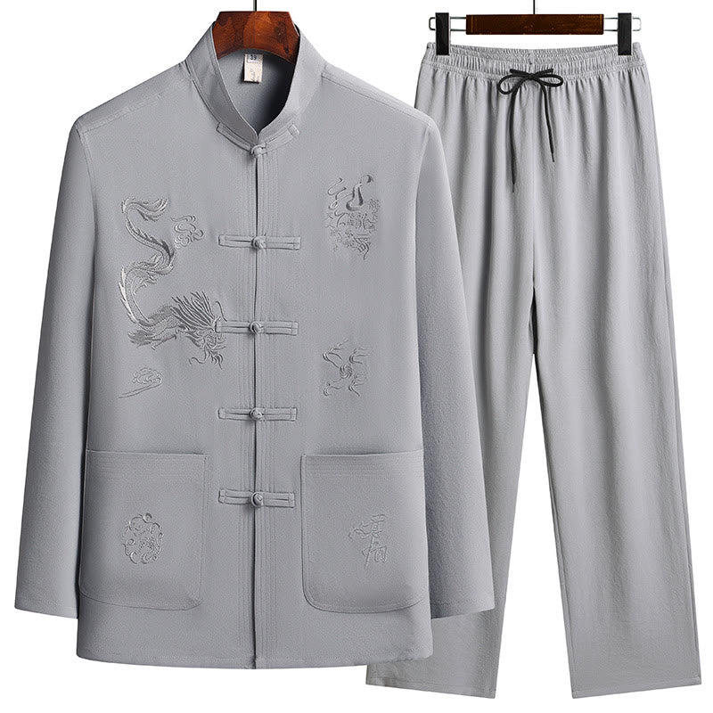 Nimara Ritual Chinese New Year Embroidered Dragon Frog-button Tang Suit Hanfu Long Sleeve Top Pants Clothing Men's Set