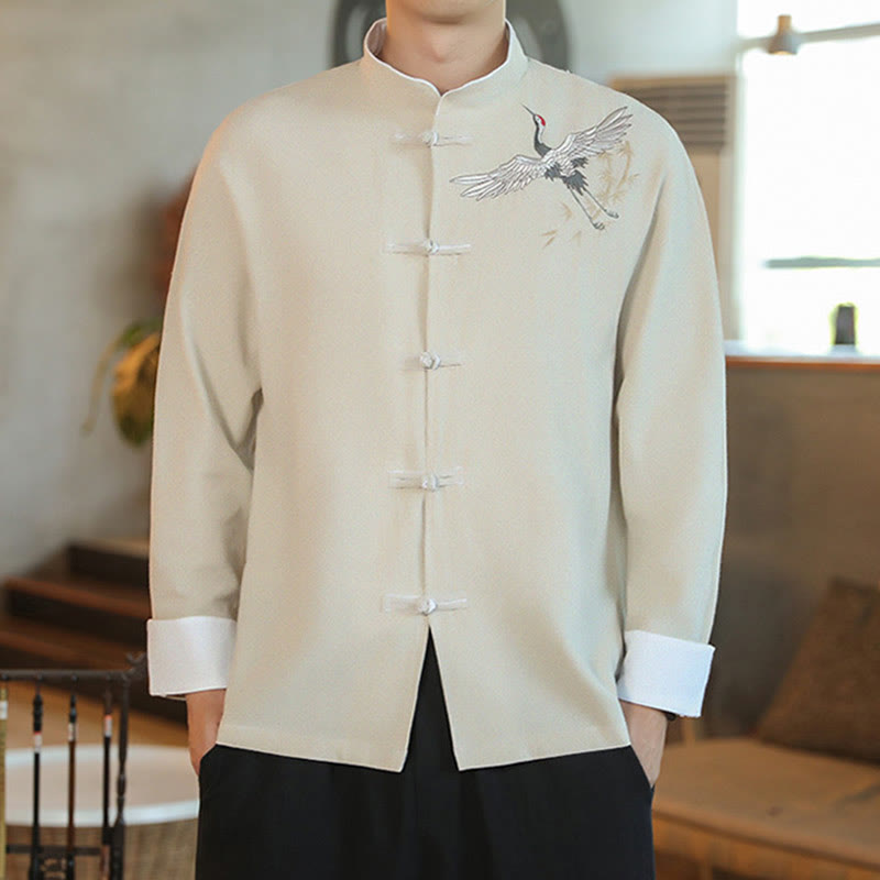 Nimara Ritual Chinese New Year Flying Crane Embroidery Frog-button Tang Suit Cotton Men's Jacket Shirt