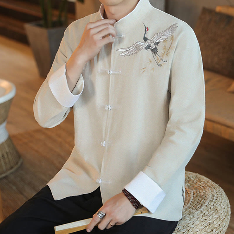Nimara Ritual Chinese New Year Flying Crane Embroidery Frog-button Tang Suit Cotton Men's Jacket Shirt