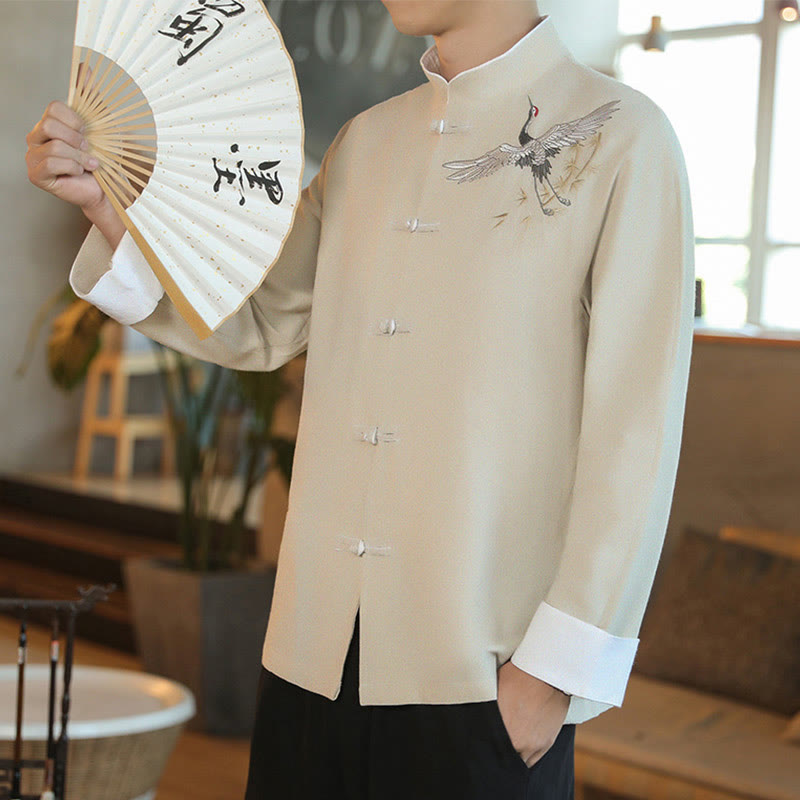 Nimara Ritual Chinese New Year Flying Crane Embroidery Frog-button Tang Suit Cotton Men's Jacket Shirt