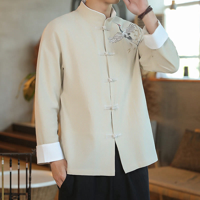 Nimara Ritual Chinese New Year Flying Crane Embroidery Frog-button Tang Suit Cotton Men's Jacket Shirt