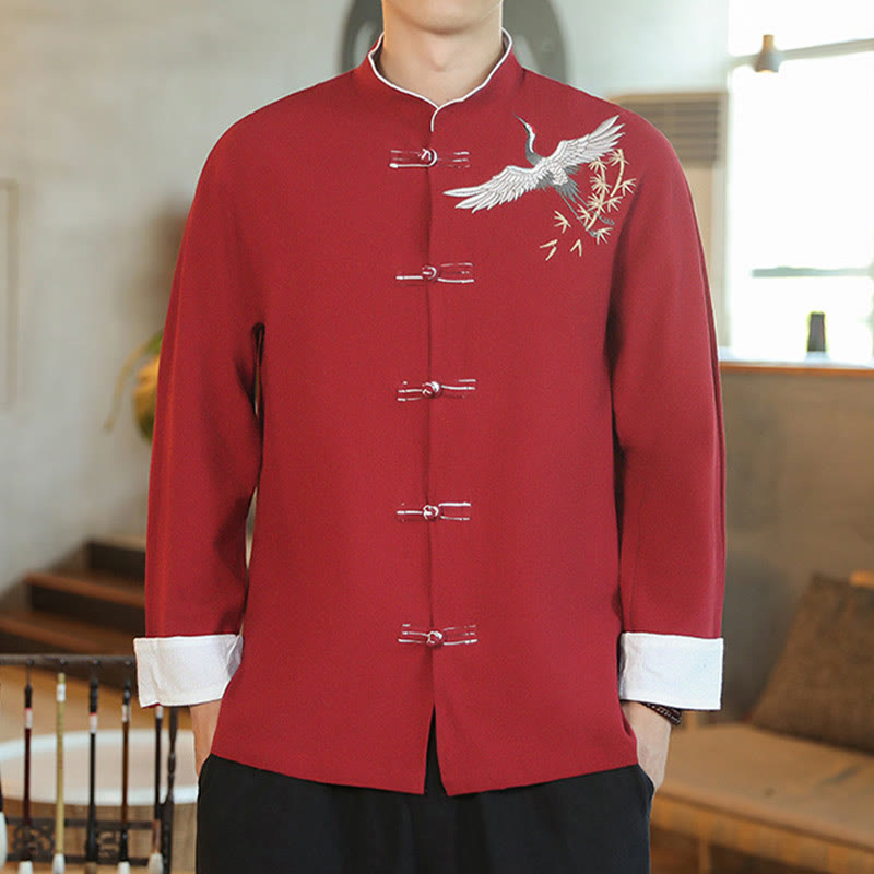 Nimara Ritual Chinese New Year Flying Crane Embroidery Frog-button Tang Suit Cotton Men's Jacket Shirt