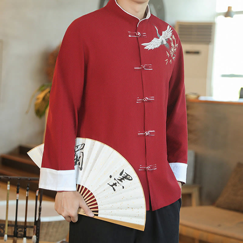 Nimara Ritual Chinese New Year Flying Crane Embroidery Frog-button Tang Suit Cotton Men's Jacket Shirt