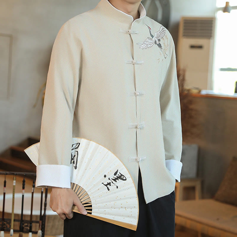 Nimara Ritual Chinese New Year Flying Crane Embroidery Frog-button Tang Suit Cotton Men's Jacket Shirt