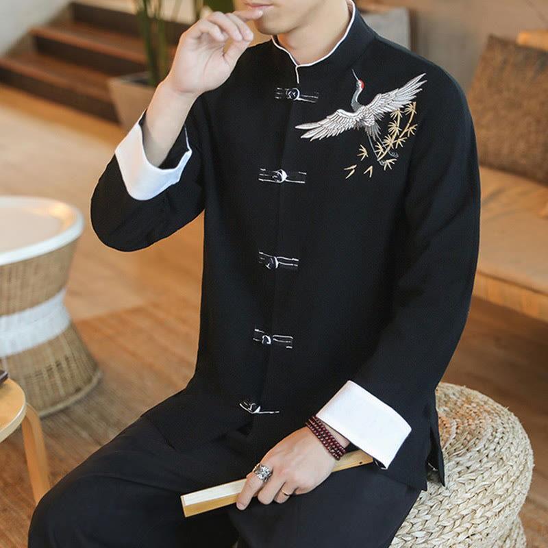 Nimara Ritual Chinese New Year Flying Crane Embroidery Frog-button Tang Suit Cotton Men's Jacket Shirt