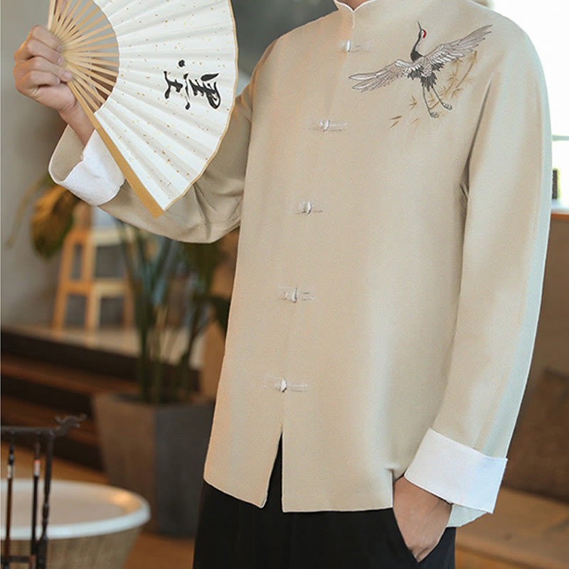 Nimara Ritual Chinese New Year Flying Crane Embroidery Frog-button Tang Suit Cotton Men's Jacket Shirt