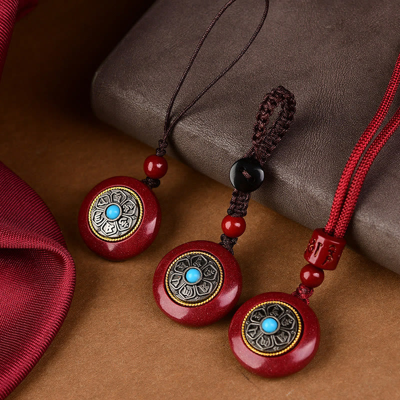 Nimara Ritual Natural Cinnabar Six True Words 'Om Mani Padme Hum' Braided String Blessing Key Chain Necklace Pendant