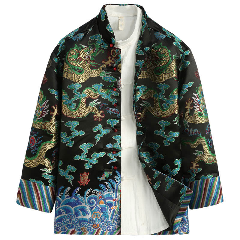 Nimara Ritual Chinese New Year Dragon Embroidery Auspicious Clouds Frog-button Tang Suit Men's Jacket Shirt