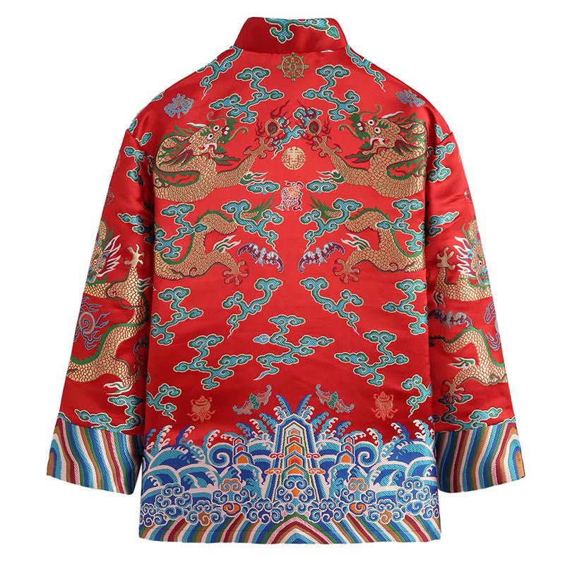 Nimara Ritual Chinese New Year Dragon Embroidery Auspicious Clouds Frog-button Tang Suit Men's Jacket Shirt