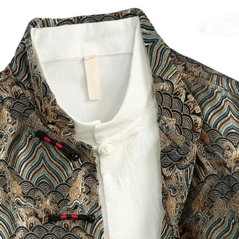 Nimara Ritual Chinese New Year Jacquard Damask Seawater Pattern Frog-button Tang Suit Men's Jacket Shirt With Pockets