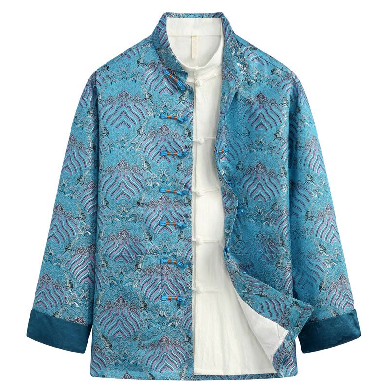 Nimara Ritual Chinese New Year Jacquard Damask Seawater Pattern Frog-button Tang Suit Men's Jacket Shirt With Pockets