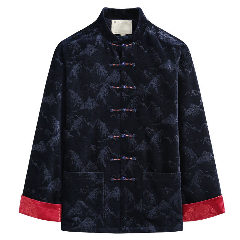 Nimara Ritual Chinese New Year Landscape Print Handmade Frog-button Tang Suit Men's Jacket Shirt With Pockets