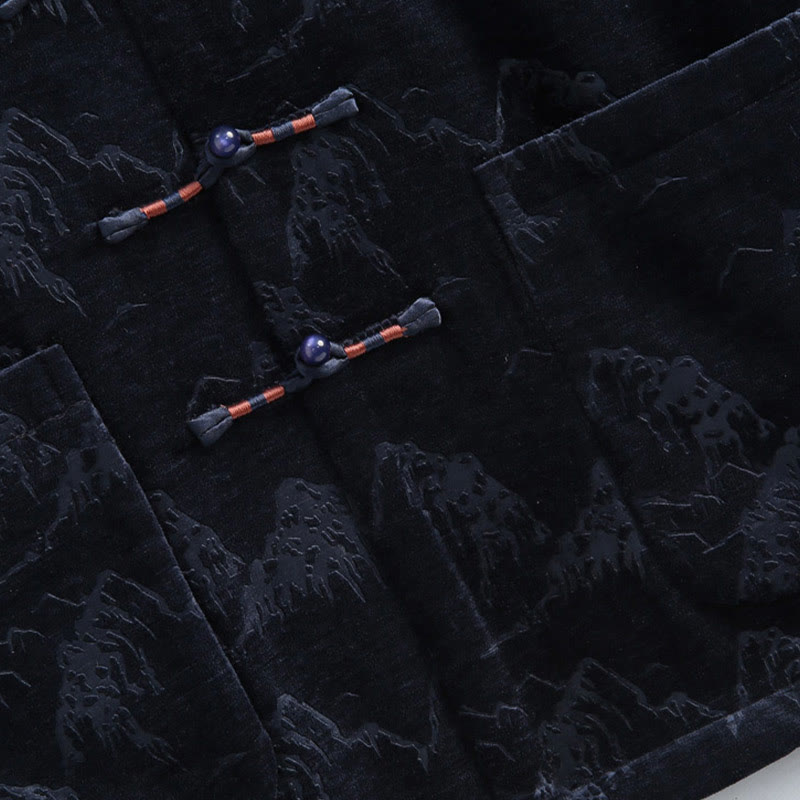Nimara Ritual Chinese New Year Landscape Print Handmade Frog-button Tang Suit Men's Jacket Shirt With Pockets