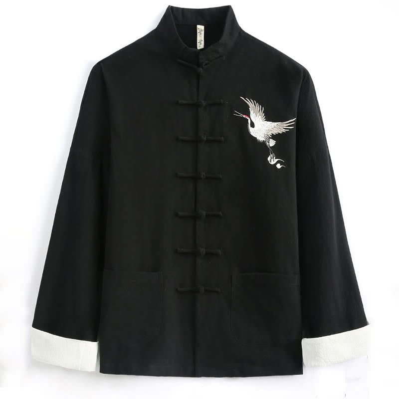 Nimara Ritual Chinese New Year Crane Embroidery Tang Suit Hanfu Long Sleeve Top Pants Clothing Cotton Linen Men's Set With Pockets