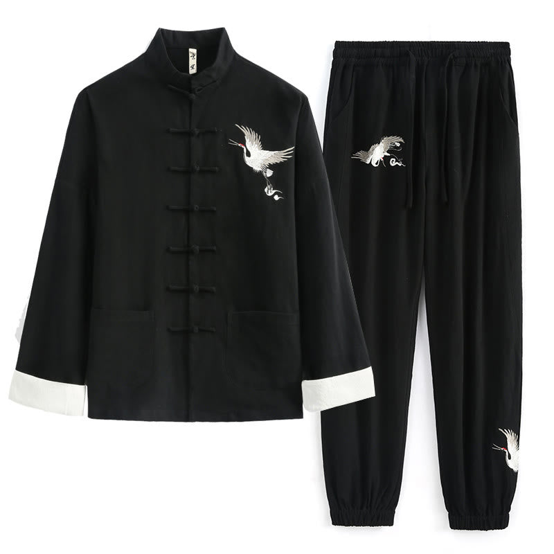 Nimara Ritual Chinese New Year Crane Embroidery Tang Suit Hanfu Long Sleeve Top Pants Clothing Cotton Linen Men's Set With Pockets
