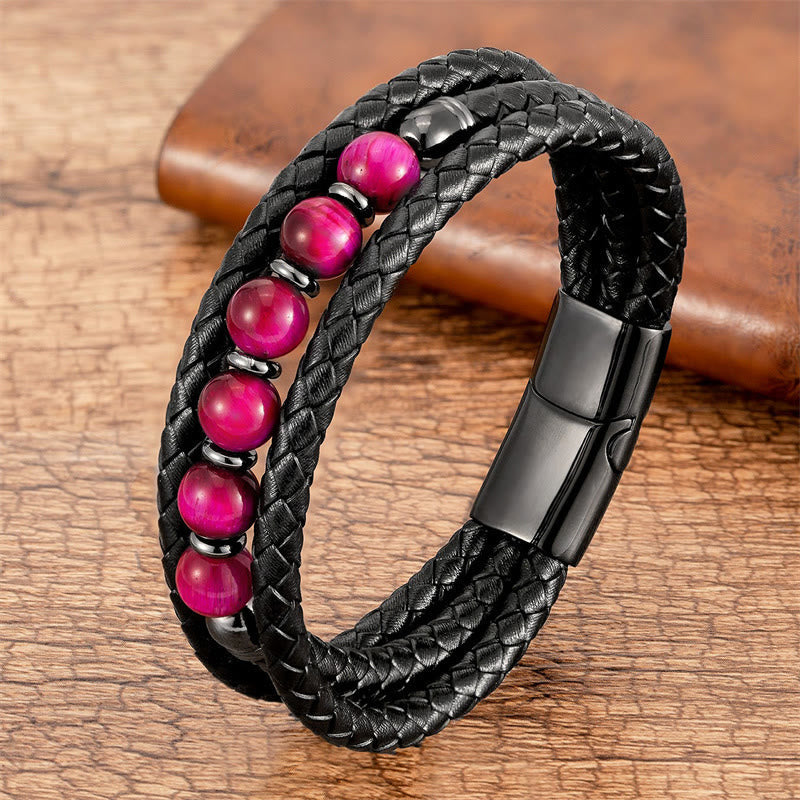 Nimara Ritual Tiger Eye Lava Rock Hematite Black Onyx Bead Positive Leather Bracelet