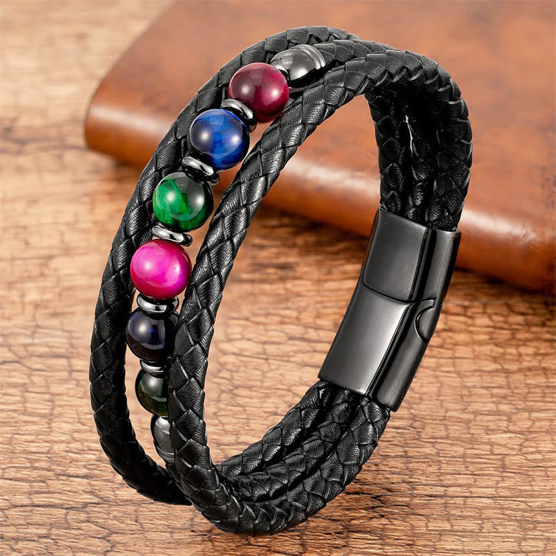 Nimara Ritual Tiger Eye Lava Rock Hematite Black Onyx Bead Positive Leather Bracelet