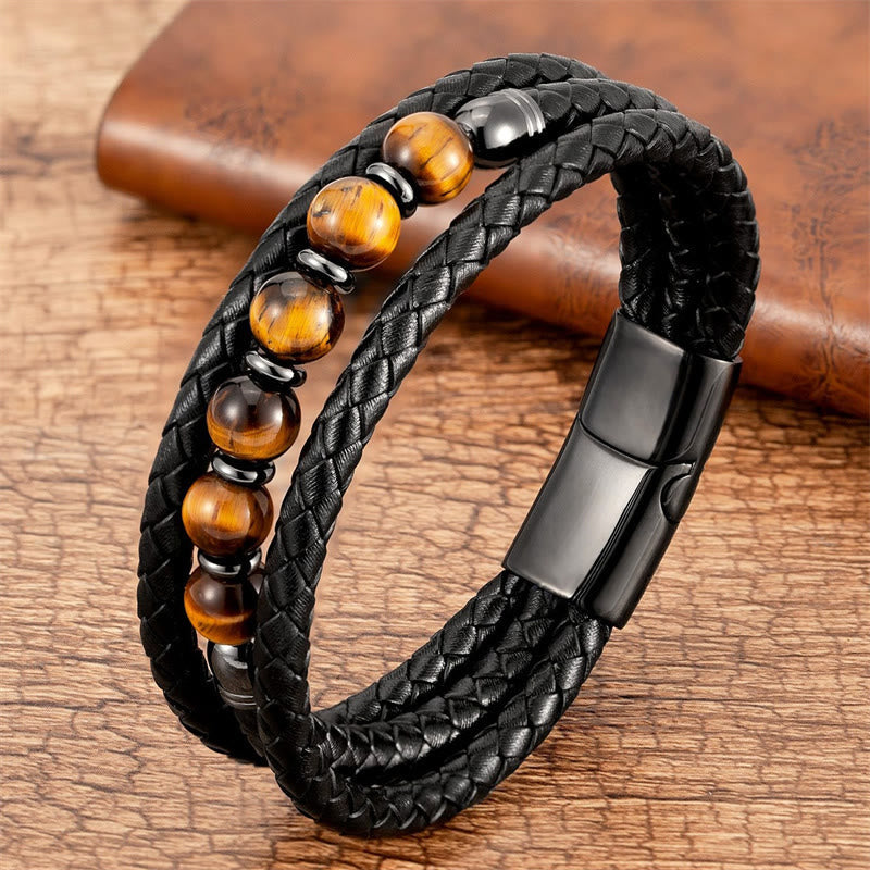 Nimara Ritual Tiger Eye Lava Rock Hematite Black Onyx Bead Positive Leather Bracelet