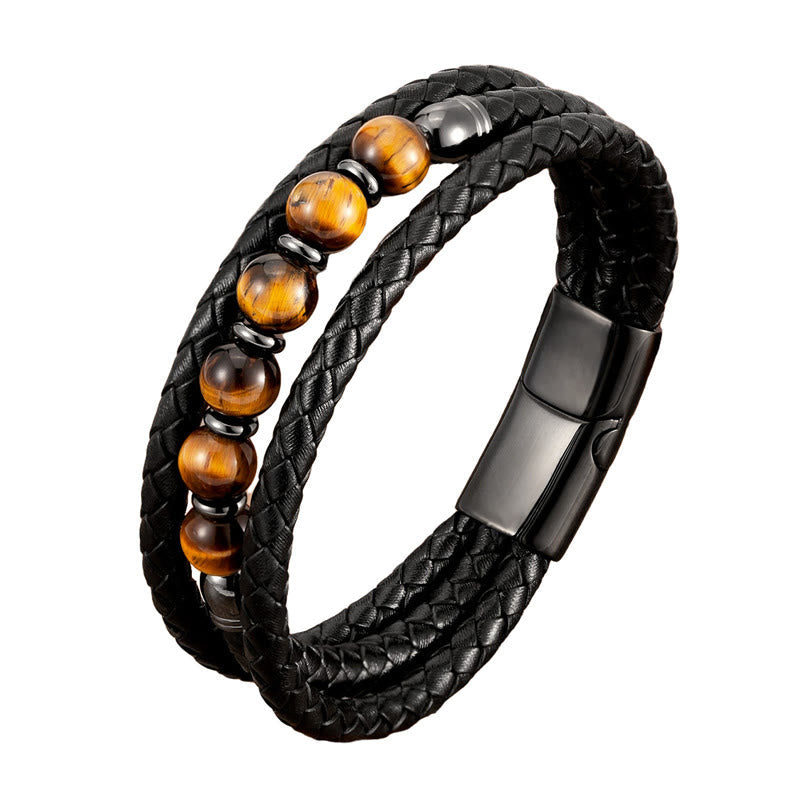Nimara Ritual Tiger Eye Lava Rock Hematite Black Onyx Bead Positive Leather Bracelet
