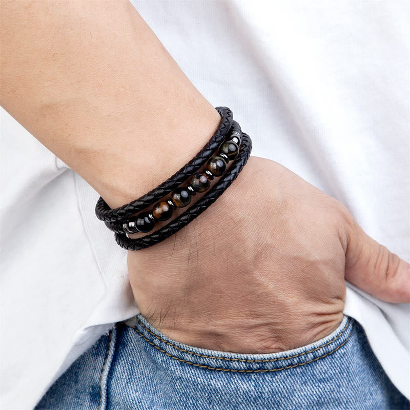 Nimara Ritual Tiger Eye Lava Rock Hematite Black Onyx Bead Positive Leather Bracelet