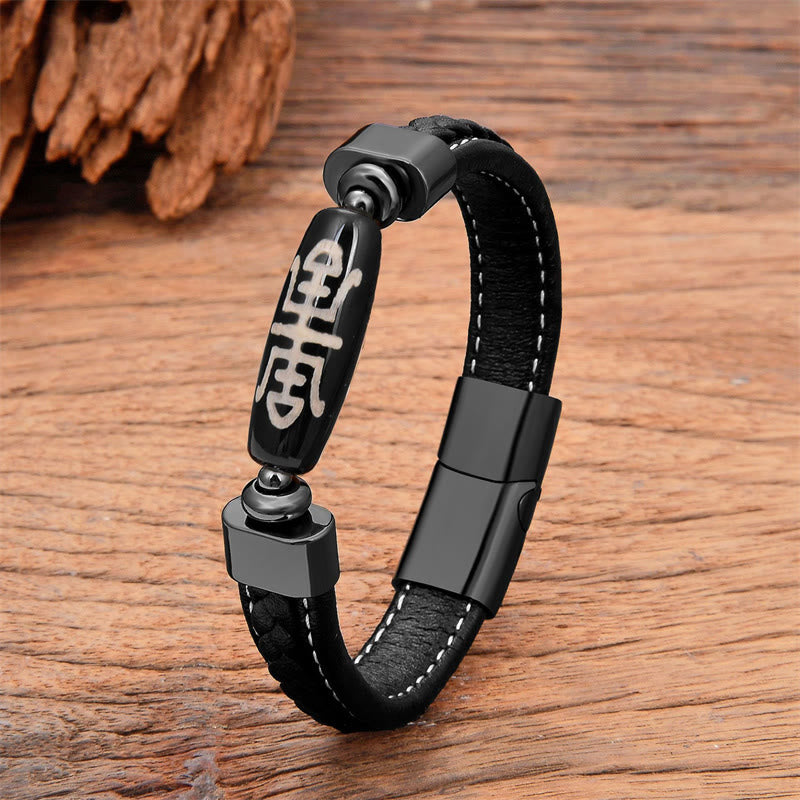 Nimara Ritual Tibetan Dzi Bead Protection Blessings Leather Bracelet