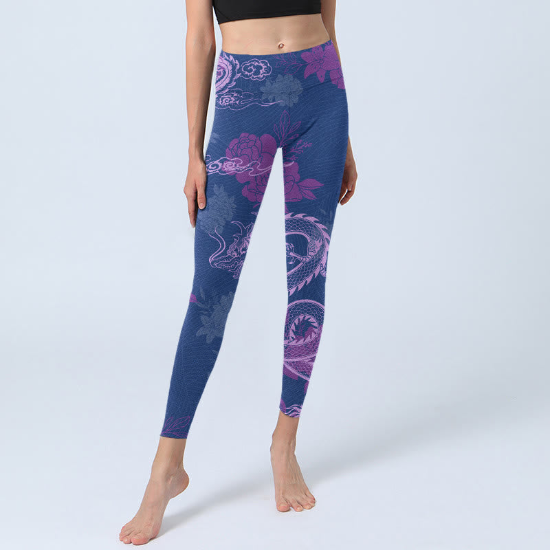Nimara Ritual Purple Dragon Phoenix Flowers Print Gym Leggings Women's Yoga Pants